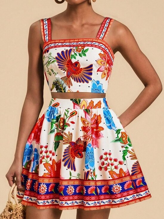 Tops - Multicolor Boho Women's Floral Print Camisole Tank Top And Mini Skirt